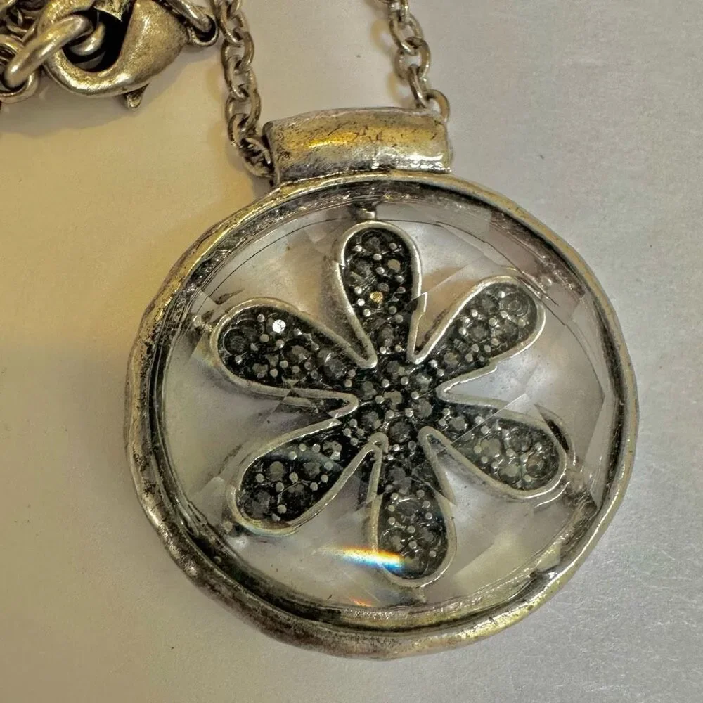 Lucky Brand Silver Tone Clear Crystal Daisy Pendant Necklace Brand